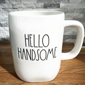 Rae Dunn | Hello Handsome Mug White with Black Lettering